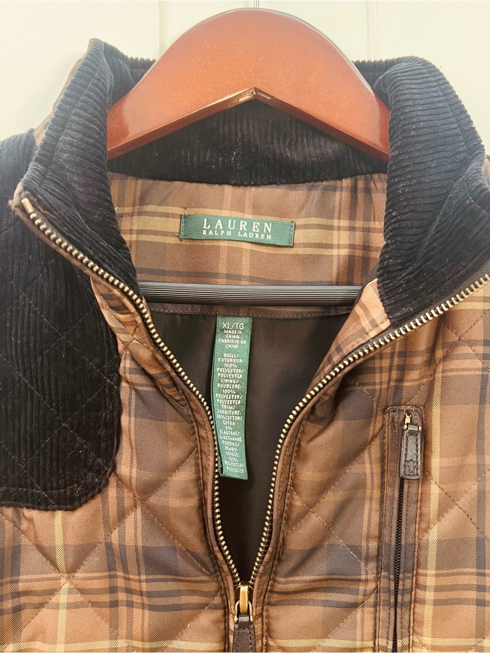 Lauren Ralph Lauren Quilted Brown Plaid Puffer Vest Corduroy Collar XL - Picture 2 of 4